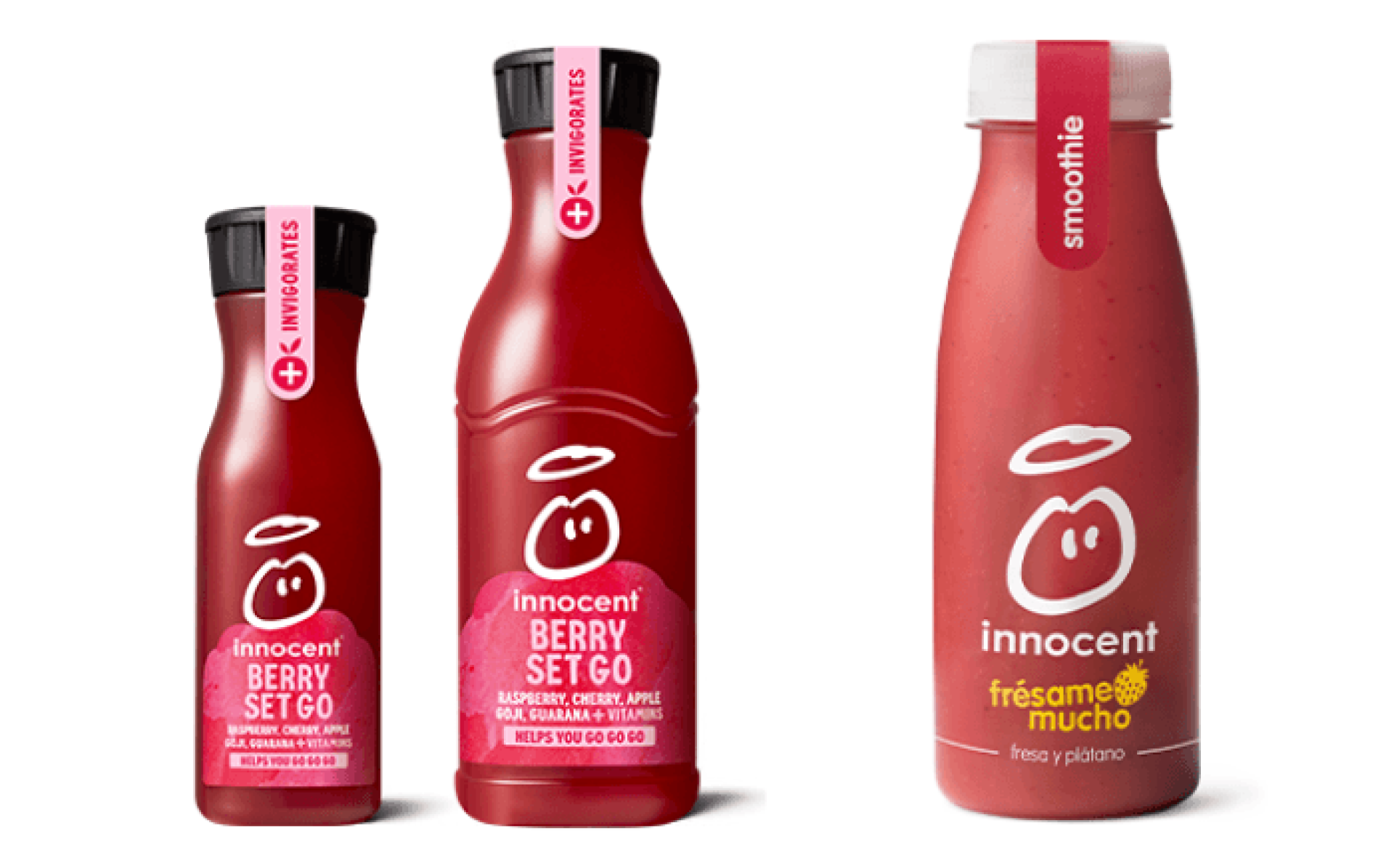 Imagen de uno de los zumos de la marca Innocent: el del lado izquierdo para consumidores de habla inglesa con el nombre 