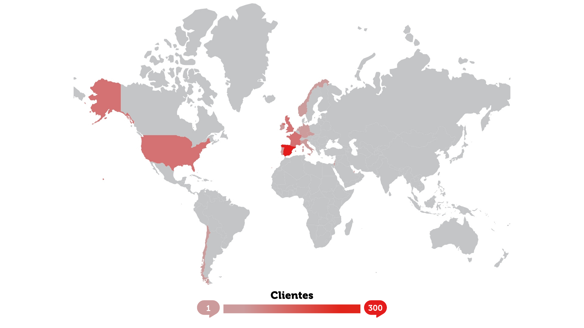Mapamundi en el que aparecen marcados de color rojo los países de donde provienen los clientes de bbo (2021), entre ellos: Estados Unidos, Francia, Chile, Italia o España, entre otros. 
