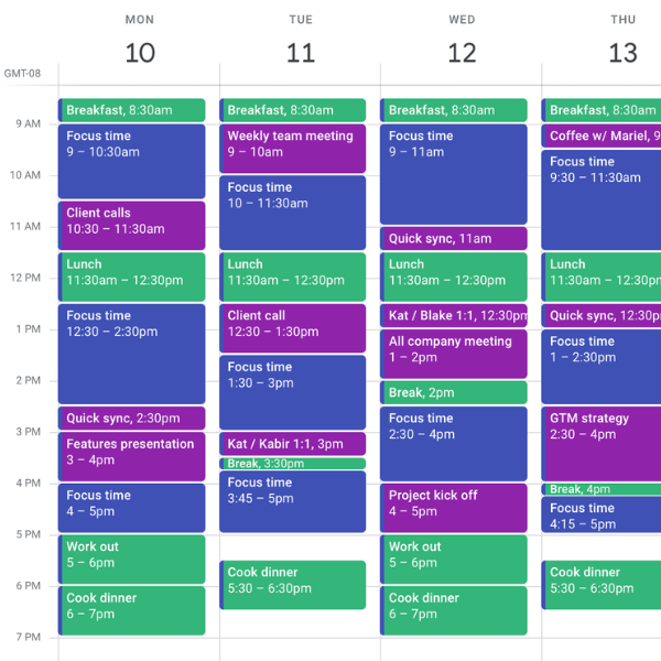 Captura de pantalla del calendario de Google en el que se ve la mitad de la semana organizada en bloques de colores diferentes con diversas tareas (desayuno, llamadas, etcétera.)