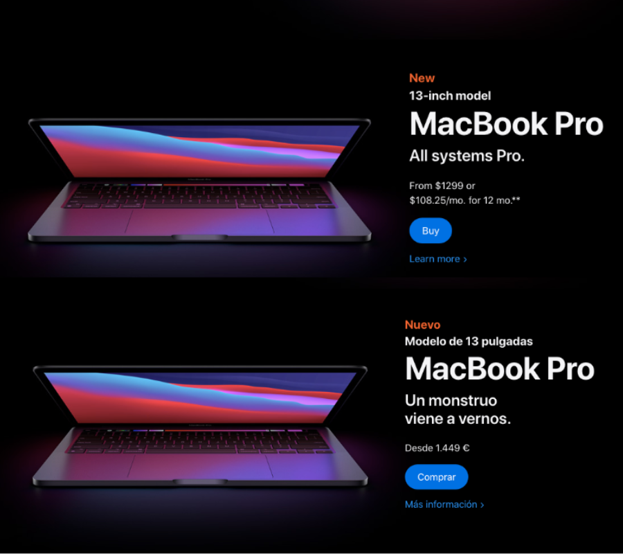 Dos capturas de pantalla de la web de Apple (2020) en las que se anuncia el Macbook Pro '13: la de arriba en inglés con el eslógan 