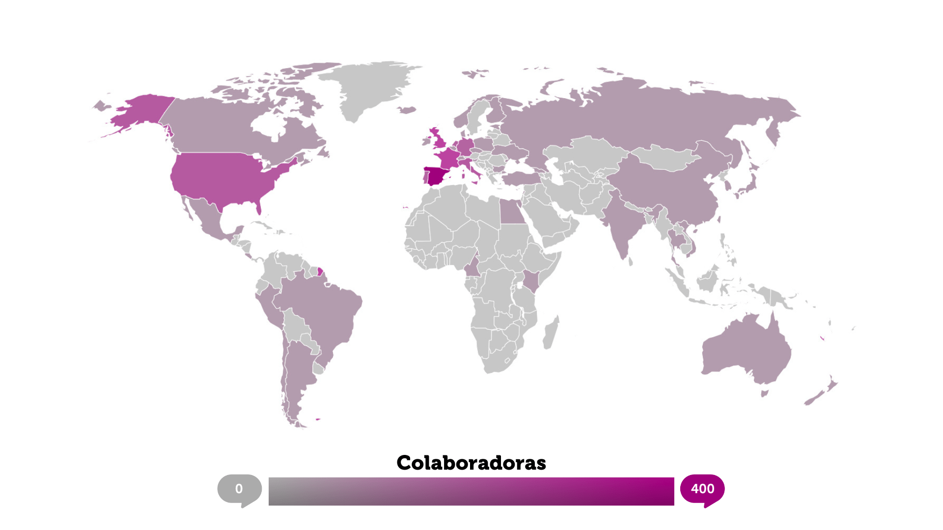 Mapa en el que salen marcados en morados los países de donde proceden nuestros colaboradores