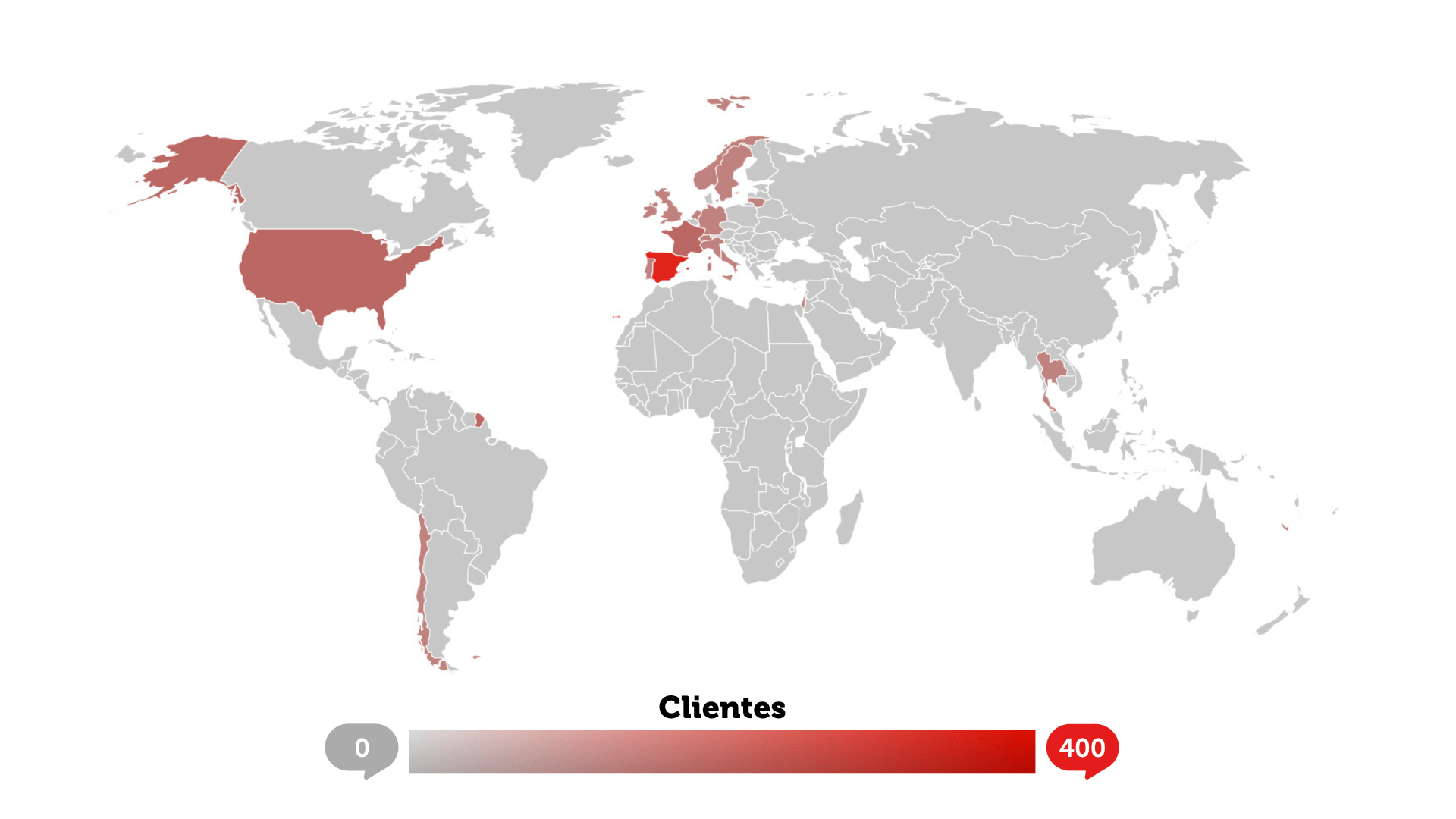 Mapa del mundo en el que salen marcados en rojo los países de donde provienen nuestros clientes en rojo