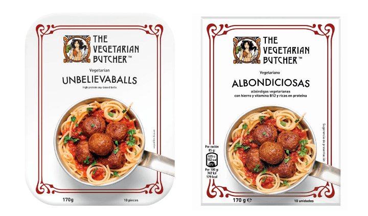 Imagen de dos envases de la marca The Vegetarian Butcher. El de la izquierda para el público de habla inglesa con el nombre 